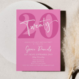 Small Pink Twenty 20th Twentieth Birthday Party Invitation Front View
