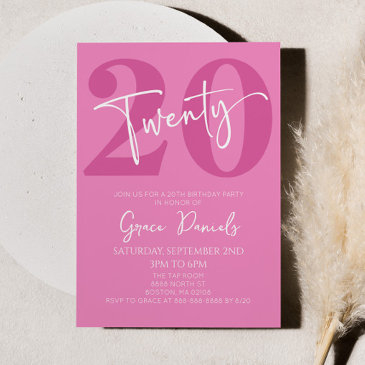 pink twenty 20th twentieth birthday party invitation