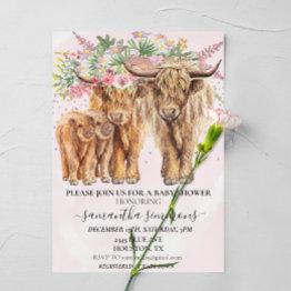 Small Pink Twins Mom Dad Highland Cow Calf Baby Shower  Invitation Front View