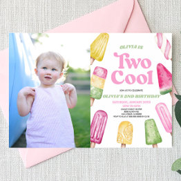 Small Pink Two Cool Popsicle Picture 2nd Birthday Party Invitation Front View