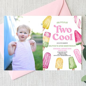 pink two cool popsicle picture 2nd birthday party invitation