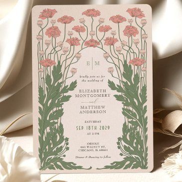 pink vintage art nouveau floral wedding invitation