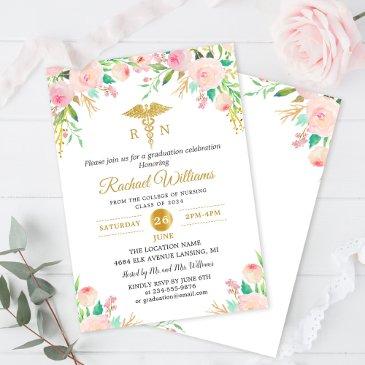 pink watercolor floral rn nurse graduation party invitation