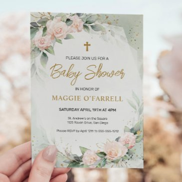 pink watercolor flowers religious baby shower invitation
