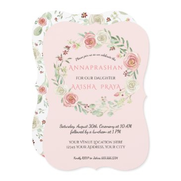 pink watercolor wreath annaprashan baby girl invitation