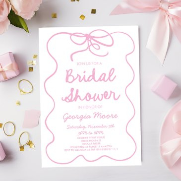 pink whimsical hand drawn bow bridal shower invitation