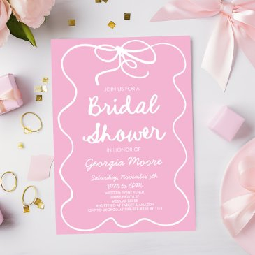 pink whimsical hand drawn bow bridal shower invitation