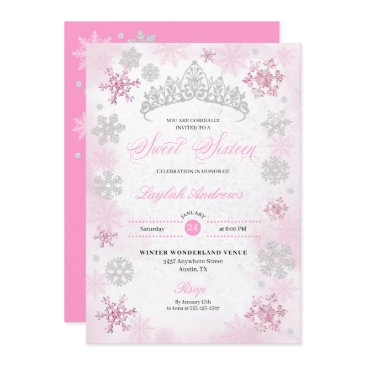 pink winter wonderland snowflake sweet 16 invitation