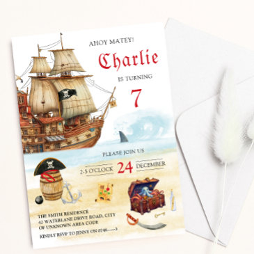 pirate ship and treasure chest kids birthday invitation