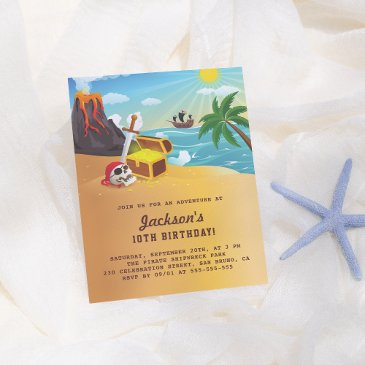 pirate ship, treasure & volcano island birthday invitation postinvitations