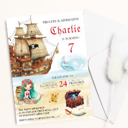 Small Pirates And Mermaids Kids Birthday Invitation Front View
