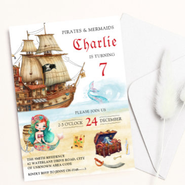 pirates and mermaids kids birthday invitation