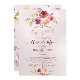 Small Pixdezines Summer Roses Watercolor Bat Mitzvah Invitation Front View