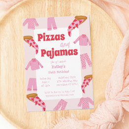Small Pizza And Pajama Girls Birthday Party Invitation Front View