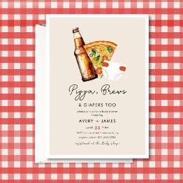 Small Pizza & Beer Diapers Casual Couples Baby Shower Invitation Front View