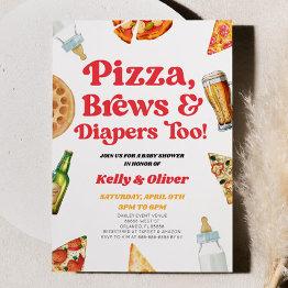 Small Pizza Brews And Diapers Too! Baby Shower Invitation Front View