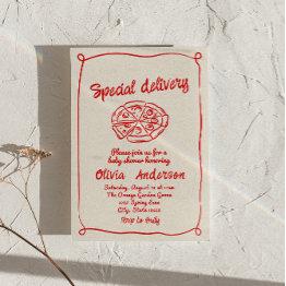 Small Pizza Hand Drawn Special Delivery Fun Baby Shower Invitation Front View