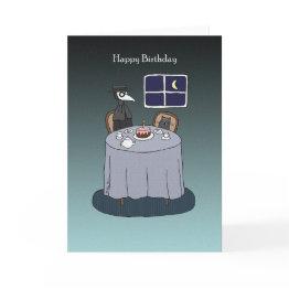 Small Plague Doctor With Black Cat Funny Goth Birthday Invitations Front View