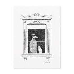 Small Plague Doctor With Cat At A Window Steampunk Art Postinvitations Front View