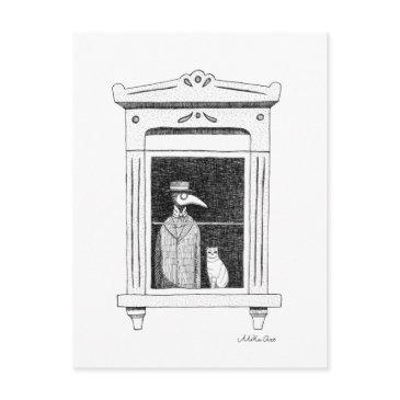 plague doctor with cat at a window steampunk art postinvitations