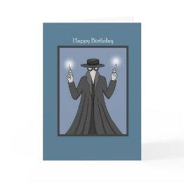 Small Plague Doctor With Vaccine Syringes Happy Birthday Invitations Front View