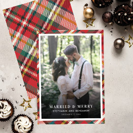 Small Plaid Christmas Photo Married And Merry Holiday Invitations Front View