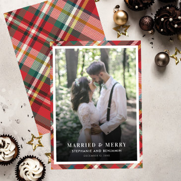 plaid christmas photo married and merry holiday invitations