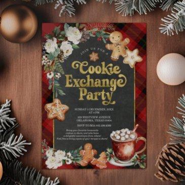plaid floral christmas cookie exchange party invitation