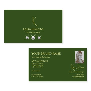 plain forest green with monogram photo and jewels business invitations