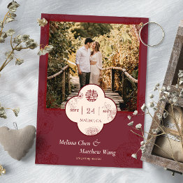 Small Plum Floral Chinese Wedding Photo Save The Date Front View