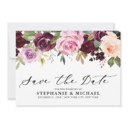 Small Plum Purple Blush Pink Botanical Floral Wedding Save The Date Front View