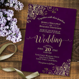 Small Plum Purple Elegant Lacy Gold Calligraphy Wedding Invitation Front View