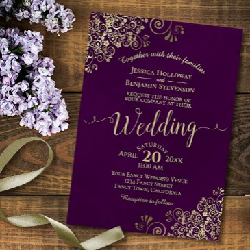 plum purple elegant lacy gold calligraphy wedding invitation