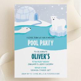 Small Polar Bear Pool Party Birthday Invitation Front View