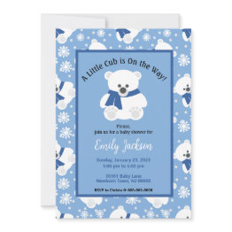 Small Polar Bear With Navy Blue Scarf And Snowflakes Invitation Front View