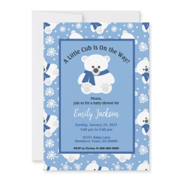 polar bear with navy blue scarf and snowflakes invitation