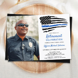 Small Police Thin Blue Line Flag Custom Photo Retirement Invitation Front View