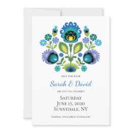 Small Polish Folk Flowers Blue Teal Save The Date Invitation Front View