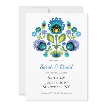 polish folk flowers blue teal save the date invitation