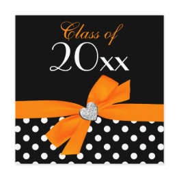 Small Polka Dot Orange Black Bow Heart Graduation Party Invitation Front View