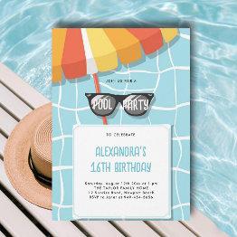 Small Pool Birthday Party Modern Cool Teen Sweet 16 Invitation Front View