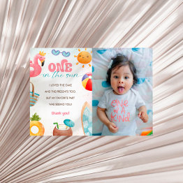 Small Pool Party 1st Birthday Party Photo Thank You Invitations Front View