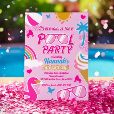 pool party 5th birthday girl fashion doll summer invitation