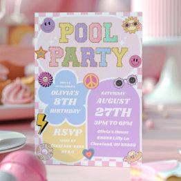 Small Pool Party Preppy Varsity Patch Birthday Party Invitation Front View