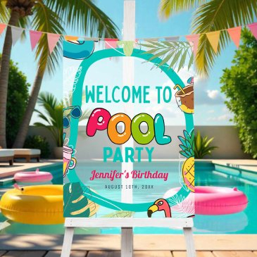 pool party swimming birthday frosted welcome acrylic sign