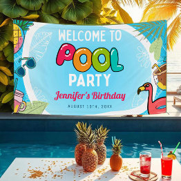 Small Pool Party Swimming Birthday Welcome Sign Banner Front View