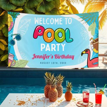 pool party swimming birthday welcome sign banner