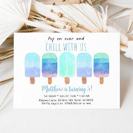 Small Popsicle Blue Ombre Chill With Us Birthday Invitation Front View