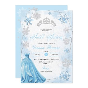 powder blue winter wonderland snowflake sweet 16 invitation