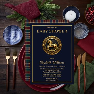 preppy equestrian rocking horse plaid baby shower invitation